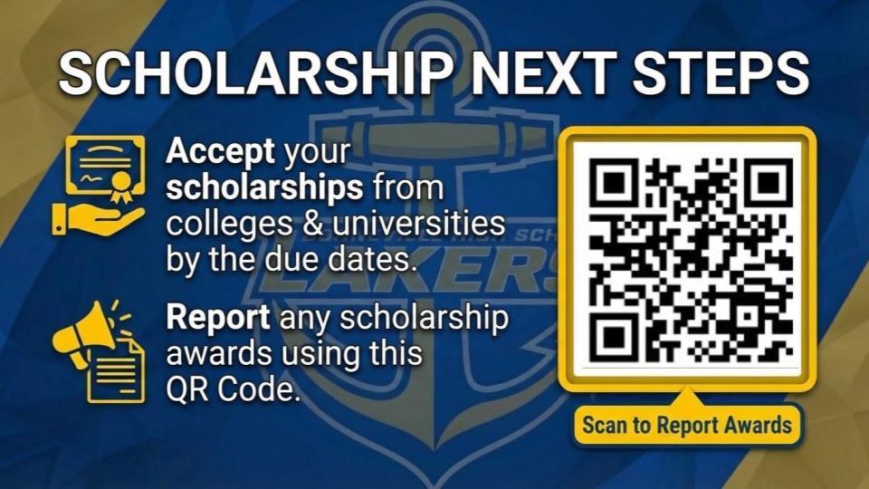 SENIORS! Make sure you are prepared for graduation and your next adventure. Scan the QR codes for information on Scholarships and Credit Recovery testing.