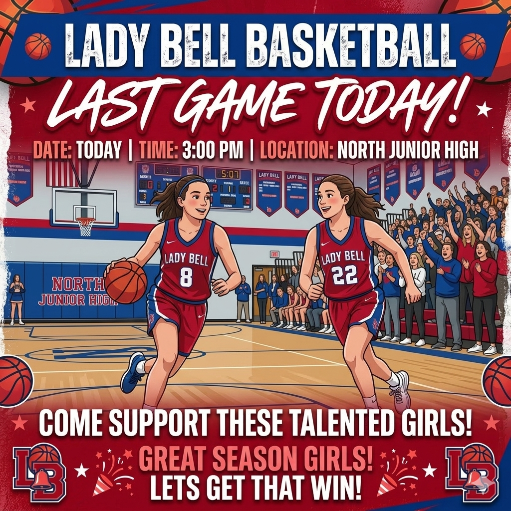 An illustrated poster in red, white, and blue advertising a "Lady Bell Basketball" last game, which takes place today at 3:00 PM at North Junior High. A detailed illustration of an indoor high school gym features a game in progress with two Lady Bell players in red uniforms dribbling and running down the court. The players, wearing numbers 8 and 22, are focused and athletic. Behind them, bleachers are packed with a diverse crowd of cheering fans in red and blue, and a scoreboard shows a close score with the home team ahead, a 15:07 time remaining, and team names listed as "Lady Bell" and "Opponent." Gym banners with phrases such as "Lady Bell Pride" and "Home of the Patriots" hang on the wall. The text at the top reads "LADY BELL BASKETBALL" and "LAST GAME TODAY!" in distressed white and red text, followed by the date, time, and location in smaller white text. Large white text at the bottom reads "COME SUPPORT THESE TALENTED GIRLS!" with a smaller tagline below in red reading "GREAT SEASON GIRLS! LETS GET THAT WIN!" The entire image is bordered by small illustrations of basketballs, stars, and Lady Bell logos featuring a bell, a basketball, and the letters LB.