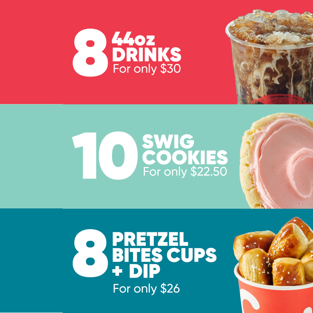 infographic for SWIG fundraiser with photographs of a soda, a cookie and a cup of pretzel bites. * 44 oz drinks for only $30. 10 SWIG cookies for only $22.50. 8 Preztel bites cupes + dip for only $26. 