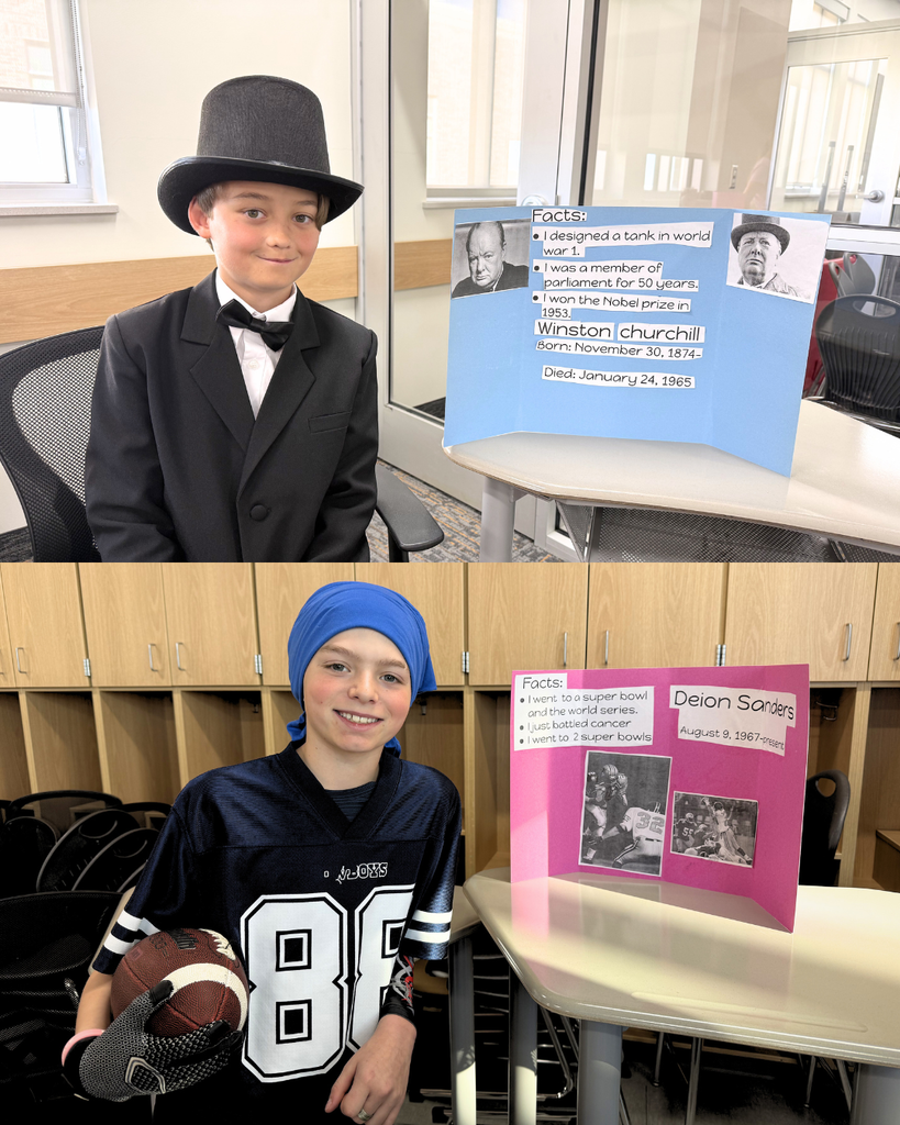 Upper frame student dressed up as Winston Churchill with black top hat black suit and bow tie. Bottom gram studeint with blue headband, a blue football jersy and it hold a football  gettting ready to present. 