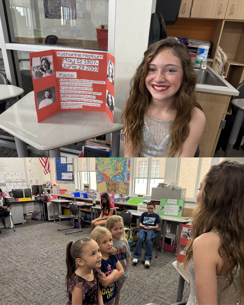 Student dressed up as Katherine Hepburn. Second picture of three young Kindergarten listen intently to her presentation. 