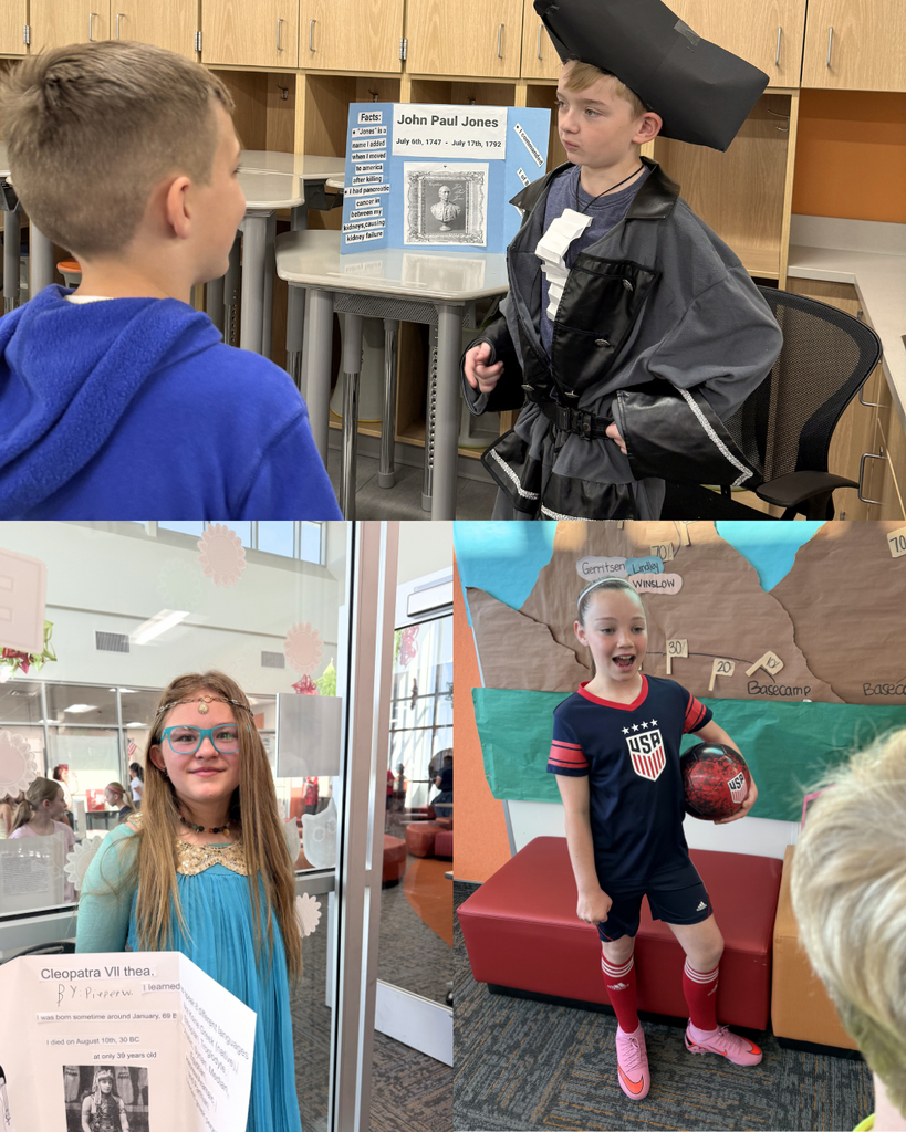 Three students presenting for the wax museum in various attire representing a historic figure. 