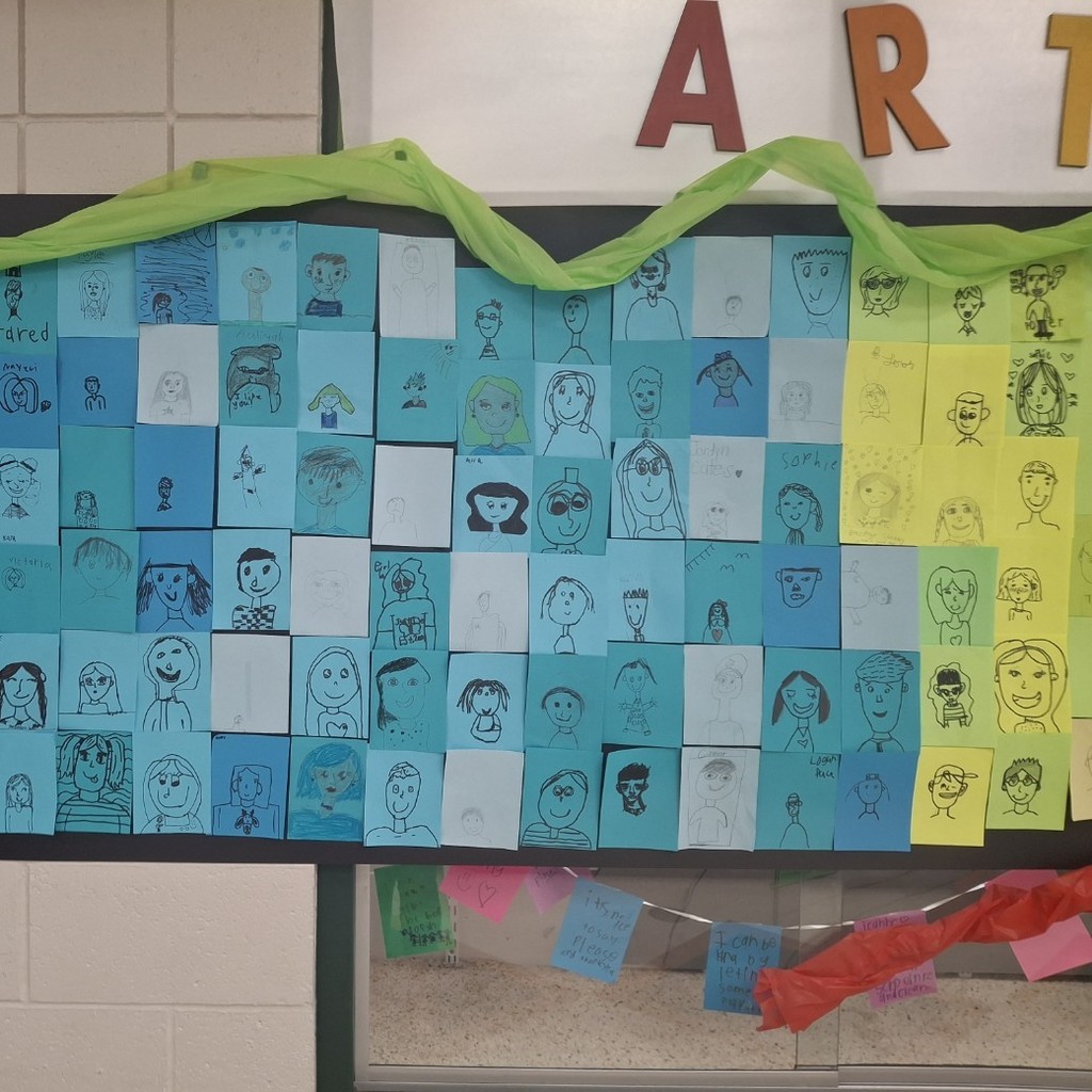 student's self portraits on different colored backgrounds 