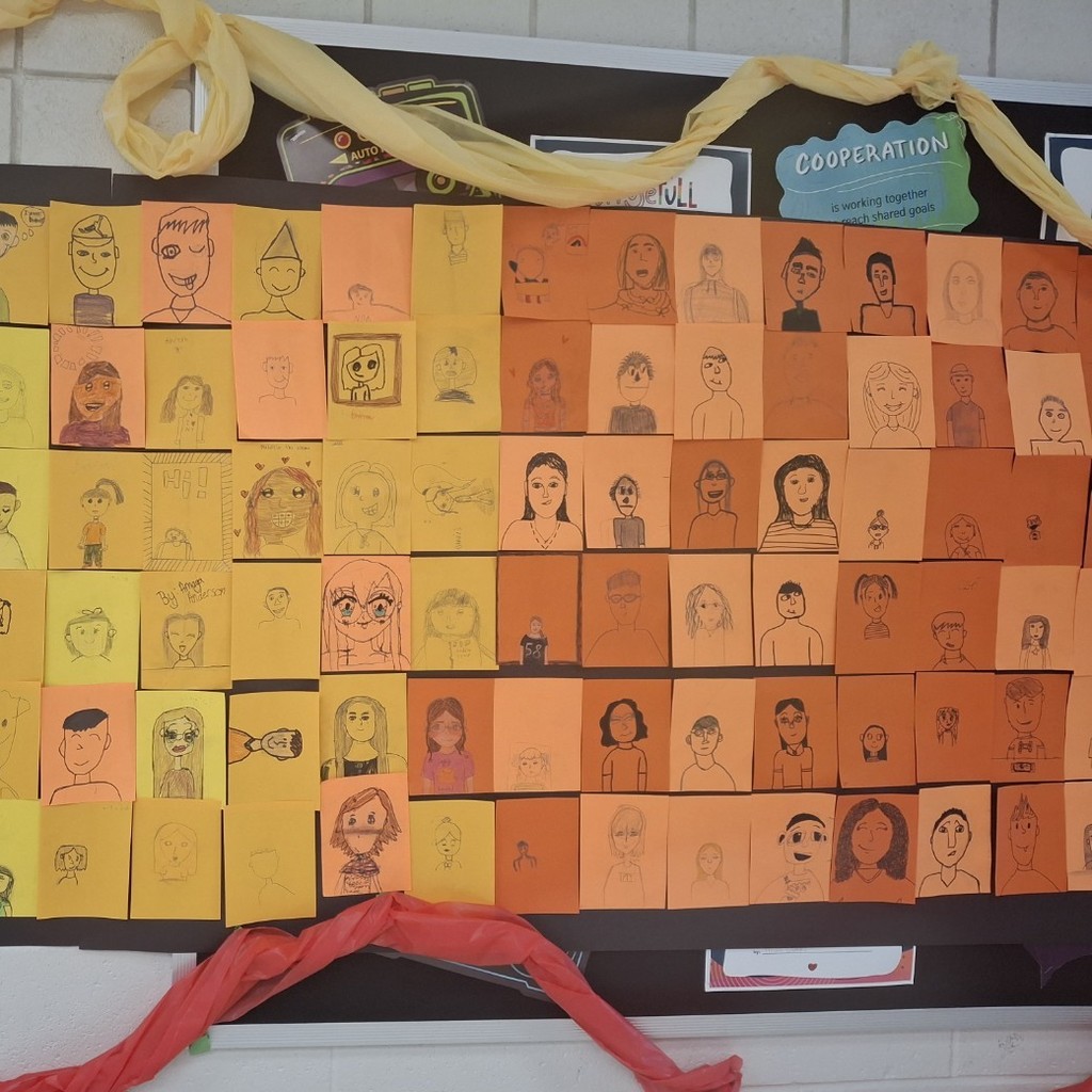 student's self portraits on different colored backgrounds 