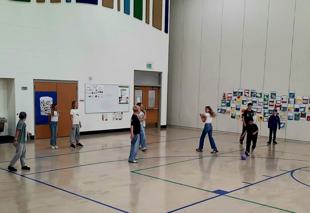 Students playing with a purple ball in a multipurpose room or gym. The white walls are decorated with colorful acoustic panels at the top and a large display of student work or papers on the right. A whiteboard in the background contains various diagrams and text, including a header that reads "THE FOOD PYRAMID" with smaller instructional text and food group charts below it. Near a blue poster on a wooden door, several students stand watching the game.