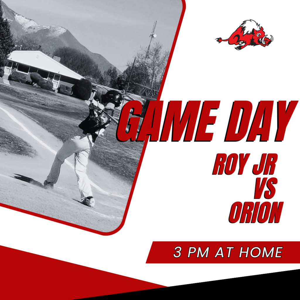 Photograph of roy jr baseball player swinging a bat. GAME DAY Roy Jr vs Orion 3 pm at Home.  