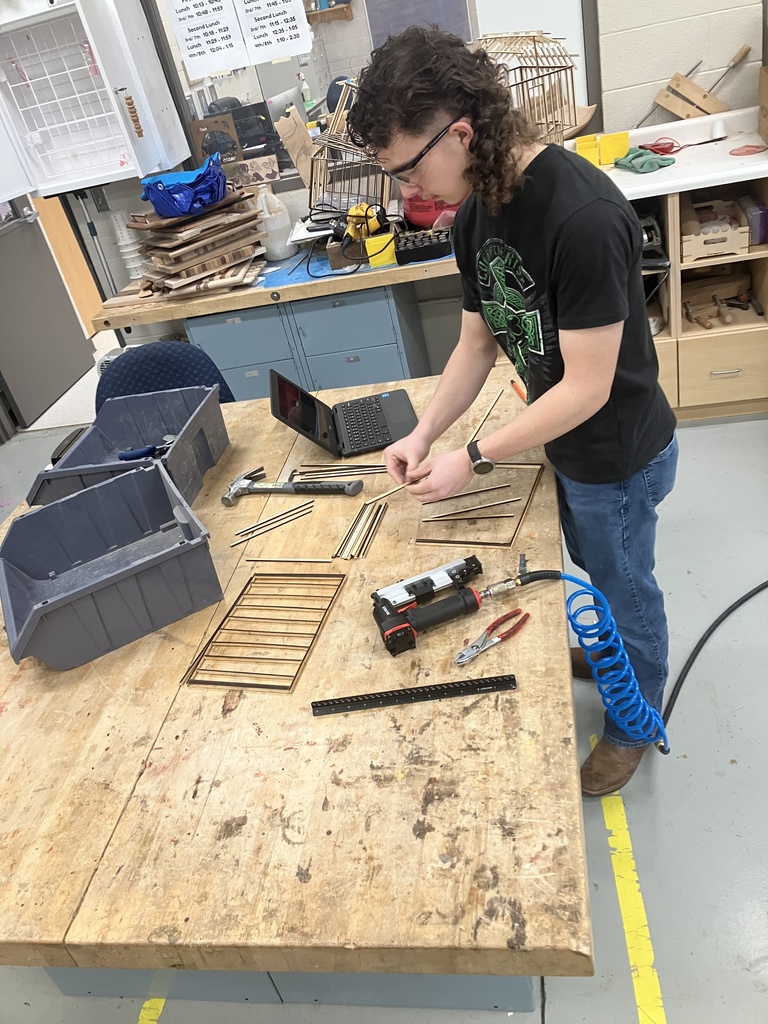 9th Grade Construction Tech class has been learning how to read blueprints and the basic components of a wall and roof. They have now applied this knowledge into making a scale model of a shed. Here are the finished ones