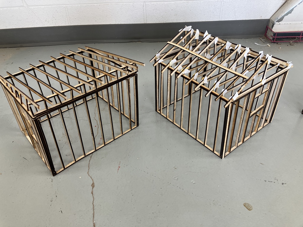 9th Grade Construction Tech class has been learning how to read blueprints and the basic components of a wall and roof. They have now applied this knowledge into making a scale model of a shed. Here are the finished ones