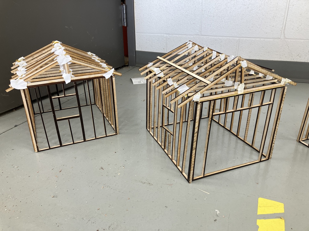 9th Grade Construction Tech class has been learning how to read blueprints and the basic components of a wall and roof. They have now applied this knowledge into making a scale model of a shed. Here are the finished ones