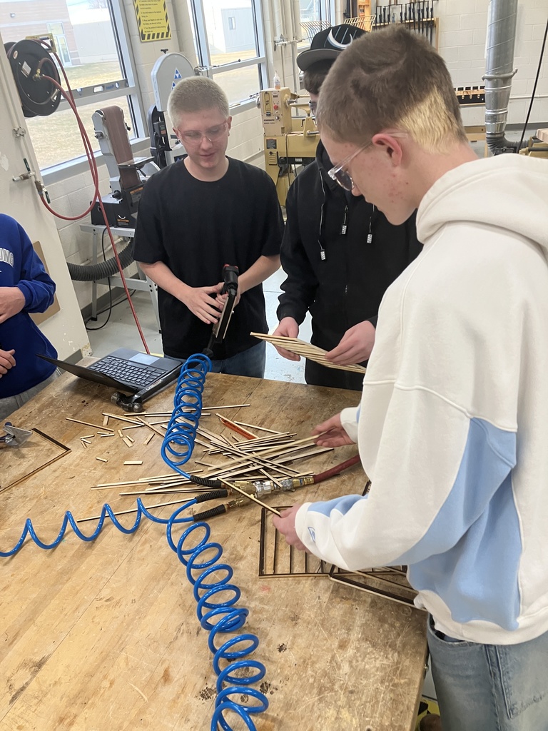 9th Grade Construction Tech class has been learning how to read blueprints and the basic components of a wall and roof. They have now applied this knowledge into making a scale model of a shed. Here are the finished ones