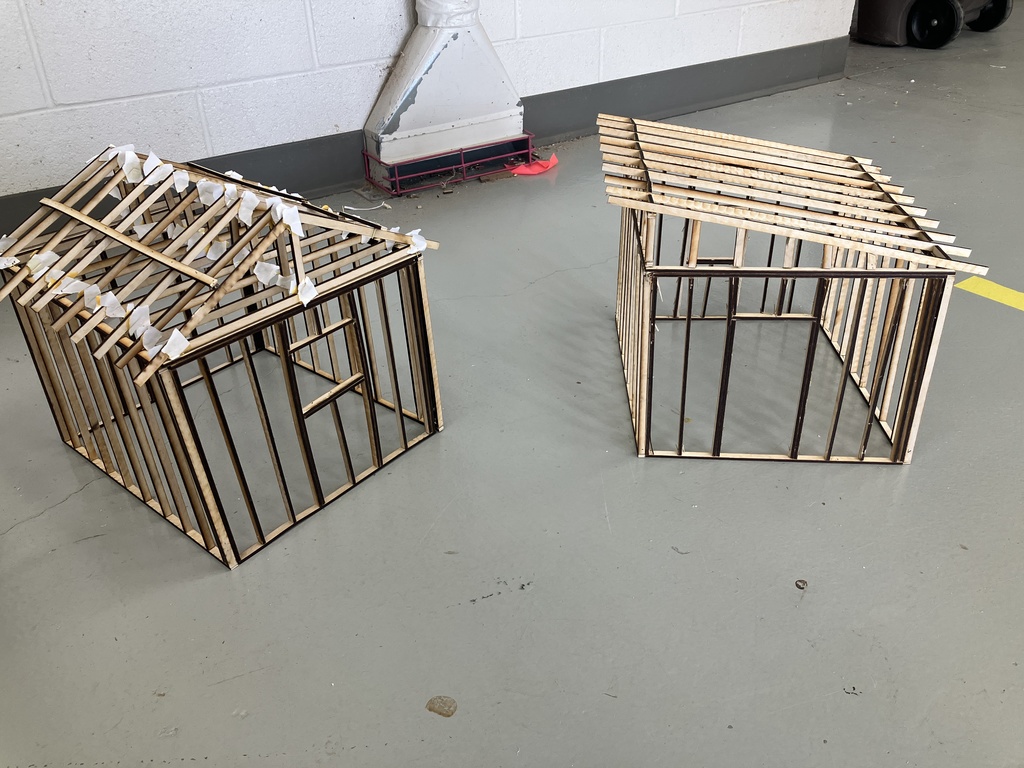 9th Grade Construction Tech class has been learning how to read blueprints and the basic components of a wall and roof. They have now applied this knowledge into making a scale model of a shed. Here are the finished ones