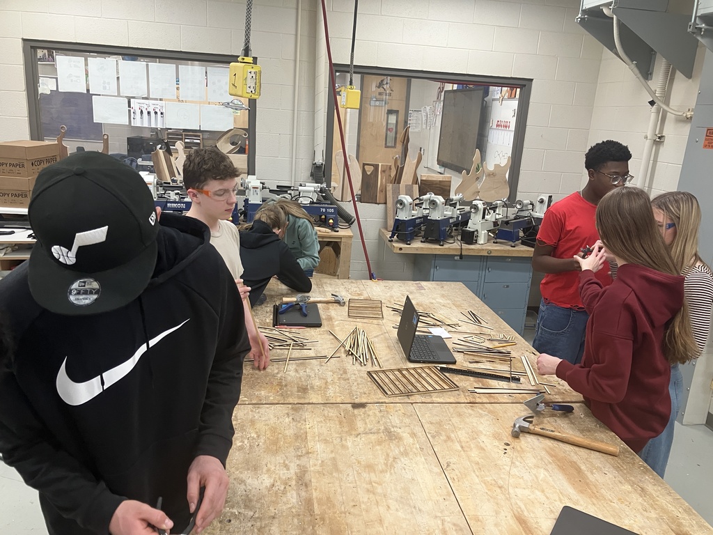 9th Grade Construction Tech class has been learning how to read blueprints and the basic components of a wall and roof. They have now applied this knowledge into making a scale model of a shed. Here are the finished ones