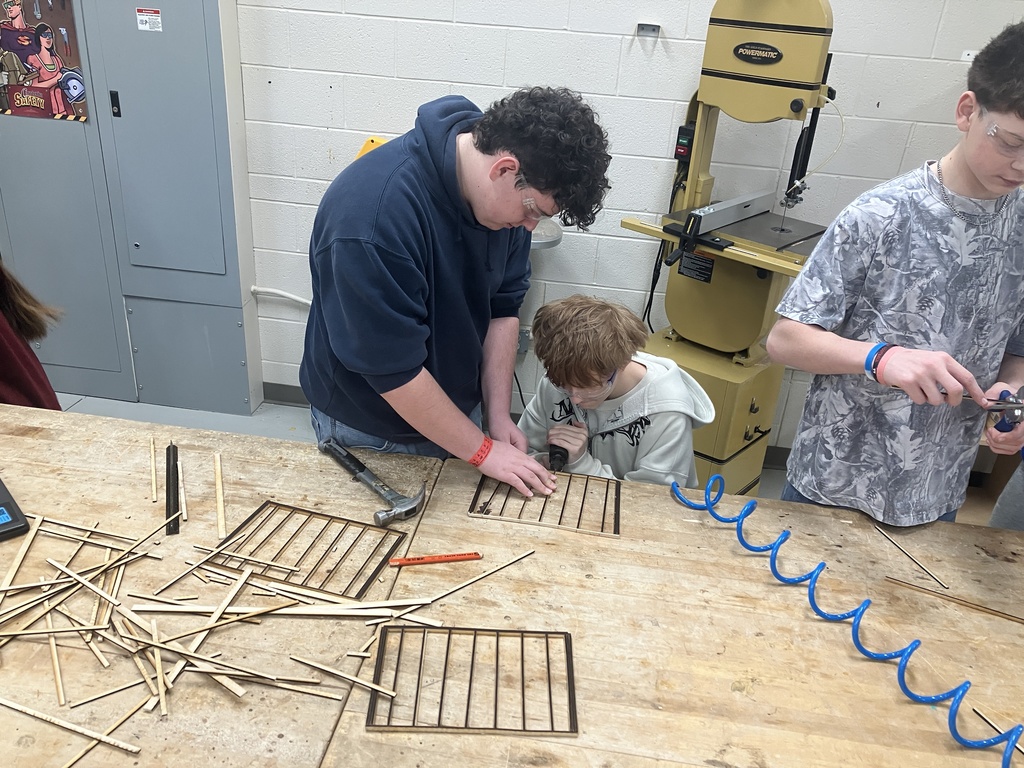 9th Grade Construction Tech class has been learning how to read blueprints and the basic components of a wall and roof. They have now applied this knowledge into making a scale model of a shed. Here are the finished ones