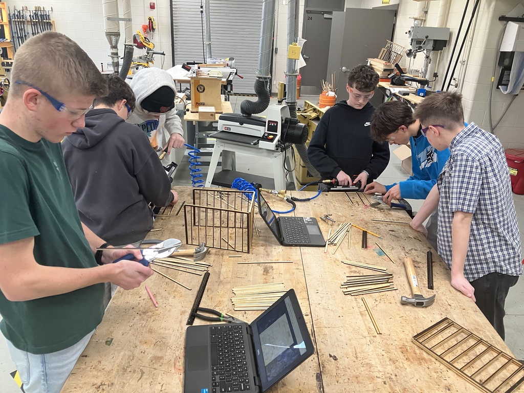 9th Grade Construction Tech class has been learning how to read blueprints and the basic components of a wall and roof. They have now applied this knowledge into making a scale model of a shed. Here are the finished ones