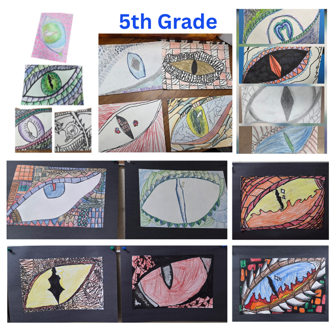 A collage of various dragon eyes in various bright colors of color pencils, pencil, and markers done by Bates Elementary 5th graders. The dragon eyes are backed with black colored papere.