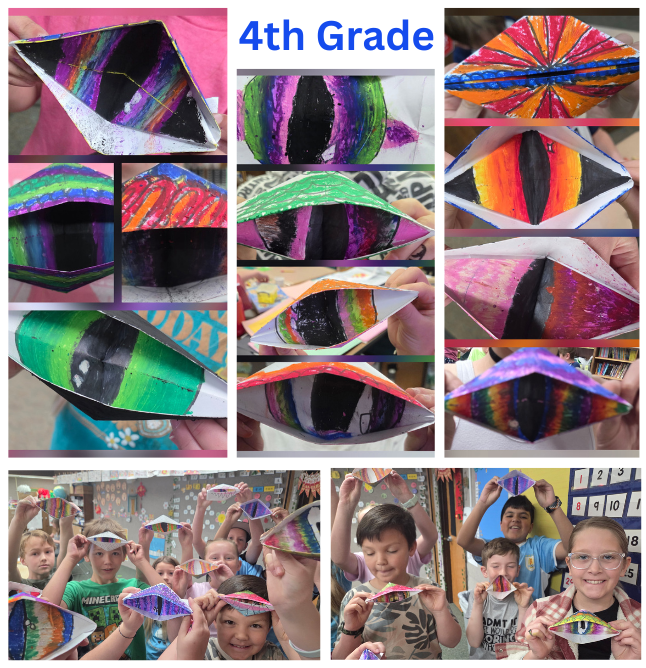 A photo collage of 4th grade students from Bates Elementary's art work. Featuring dragon eyes made from oragami. The dragon eyes are various bright colors. There are two pictures on the bottom of 4th grade students holding their dragon eyes with smiling faces.