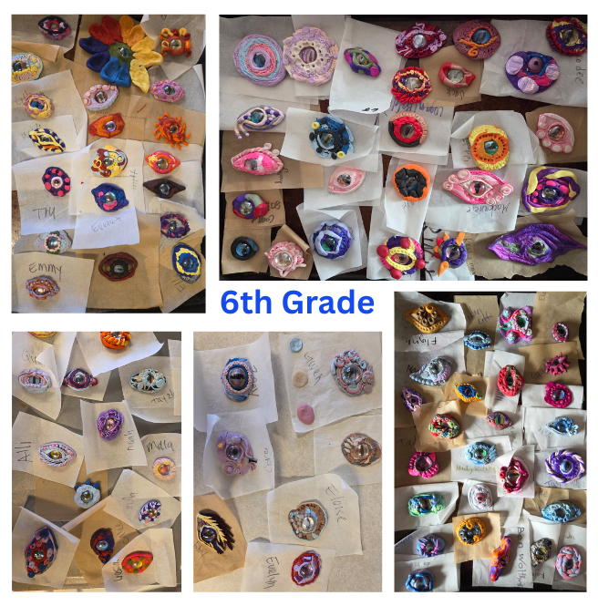 A collage of 5 pictures with the words "6th Grade" center in the middle of the collage. The pictures have many various dragon eyes made of multiple colors of bright colored clay. In the center of the dragon eyes are various color of gems.
