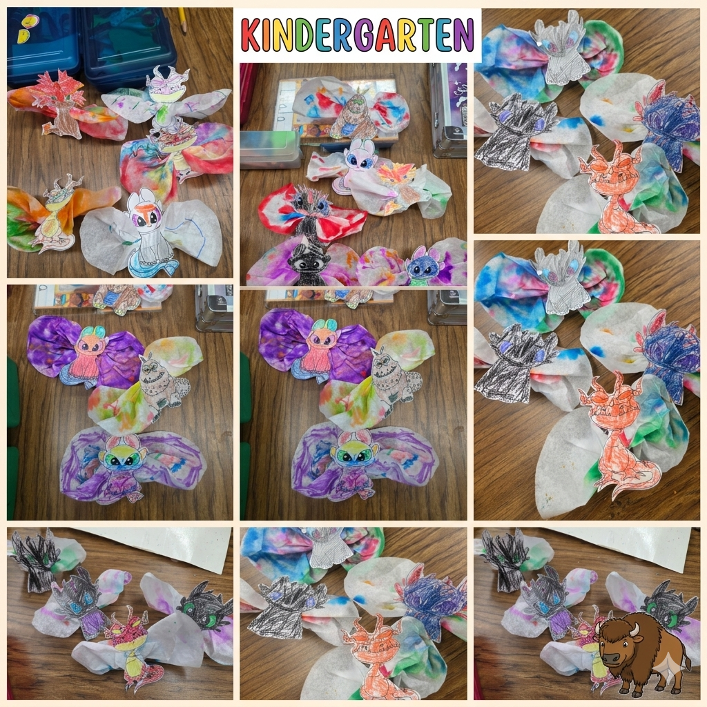 A nine-panel photo collage featuring various paper dragon crafts made from colored drawings and coffee filter wings, based on the How to Train Your Dragon film series. In the top-left panel, a colored drawing of Hiccup on a brown dragon and another of Toothless sit next to blue and teal coffee filters. The top-middle panel features drawings of Toothless and a colorful dragon near blue coffee filters. The top-right, middle-right, and bottom-middle panels show a drawing of a colorful dragon and two Toothless drawings with different colored coffee filters. The middle-left panel displays a colorful dragon and a drawing of Meatlug with pink and teal coffee filters. In the bottom-left and bottom-right panels, three Toothless drawings with small green tags. A drawing of a bison, the school's mascot, is in the bottom-right panel. In the top-middle panel, a rainbow-colored sign reads "KINDERGARTEN."