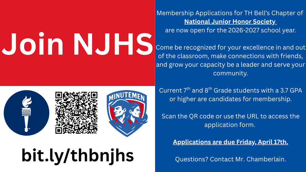 Application OverviewWho can apply: Current $7^{th}$ and $8^{th}$ grade students.GPA Requirement: Must have a 3.7 GPA or higher.Deadline: All applications are due by Friday, April 17th.How to ApplyYou can access the application form through two methods:Direct Link: Visit bit.ly/thbnjhs.QR Code: Scan the QR code located in the bottom left section of the poster.Why Join?Get recognized for academic excellence.Develop leadership skills.Connect with friends and serve your community.Need help? If you have any specific questions about the process, the poster suggests contacting Mr. Chamberlain.