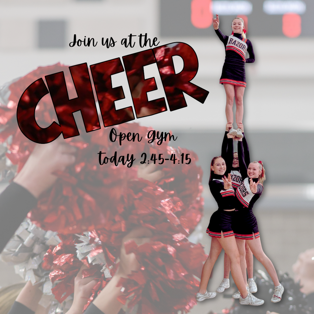 Photo of Roy Jr Cheerleaders in a stunt advertising the Cheer Open Gym. Join us at the cheer Open Gym today 2:45-4:15