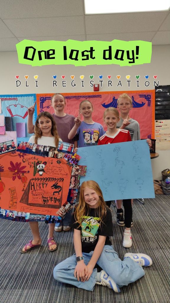 Gemini said A vibrant photograph with a textured overlay shows six smiling children in an indoor space. The children, including two on the left, three in the back, and one in the front, hold large hand-drawn posters with colorful markers. The large text at the top, which appears to be on a bright green banner, reads: “One last day!” The background features an orange wall with blue decorations and a pink banner. A white horizontal string, decorated with small heart and teardrop-shaped pennants, is draped across the middle of the image. The text on the banner reads: “DLI REGISTRATION”. The poster on the left says “Chinese is FUN” and “HAPPY Chinese New Year!”. A cute, cartoon panda, bamboo, and lanterns are drawn on the right-hand side of this poster. The children hold up the hand-drawn posters with smiles. The background shows a wooden door to the right of the posters. The child in the center front sits on the striped floor and wears a black graphic tee with jeans and high-top sneakers. Their left arm is wrapped around the poster, and their right hand is in the center of their lap, pointing upward. The other children stand behind the child in the foreground, showing off the posters. The text on the banner at the bottom reads: “Get Registered! and the hashtag “#dli”.