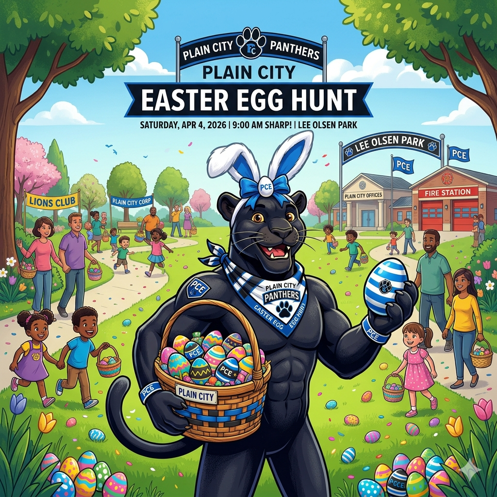 a black panther holding an easter egg basket full of colorful eggs, he is also holding a blue and white egg with a black paw on it, families are behind him looking for easter eggs at an easter egg hunt, the words on the page read: Plain City Panthers, Plain City Easter Egg Hunt, Saturday April 4, 2026 at 9:00am sharp! Lee Olsen park