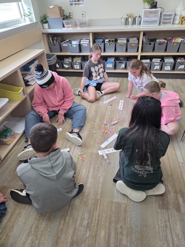 Five students sit in a circle on a tan patterned classroom floor, engaged in an activity with small, colorful flower-shaped counters and number strips. A clear plastic tube lies on the floor near the center. The students are dressed in casual clothes, including a pink hoodie, a grey t-shirt, and a green shirt with a snake graphic that says "DON'T TREAD ON ME" and "LOST." In the background, low wooden bookshelves are filled with grey bins labeled with various names and titles.