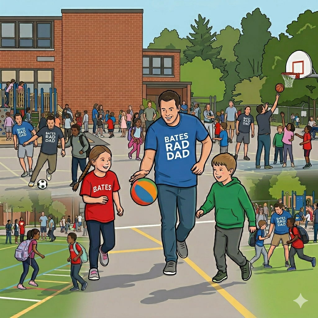 An illustrated poster of an active elementary school playground on a sunny day. A large, brick school building and green trees are in the background. In the foreground, a man in a blue "BATES RAD DAD" shirt leads a group, dribbling a multicolored ball. A girl in a red "BATES" shirt walks beside him, and a boy in a green hoodie smiles nearby. Other adults in "BATES RAD DAD" shirts and many diverse children are playing. Some children play soccer, others shoot a basketball, and some jump rope. A clear sky is visible, and all text on shirts and the sign is clearly legible
