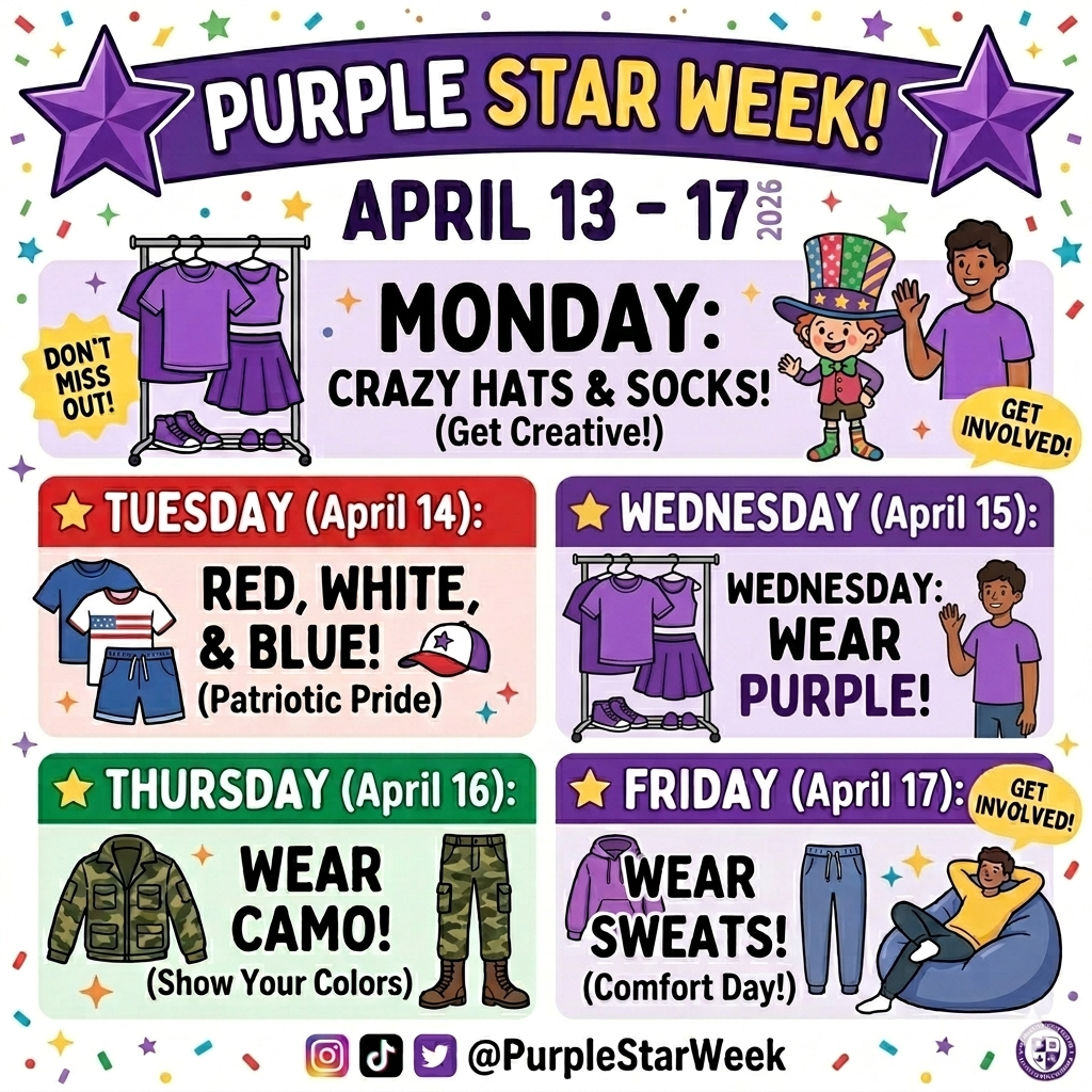A colorful, illustrated infographic for "Purple Star Week!" taking place April 13–17, 2026. The flyer features a purple banner at the top with stars and confetti. The week's schedule is organized into blocks with corresponding icons: Monday is "Wear Purple," Tuesday is "Red, White, & Blue," Wednesday is "Crazy Hats & Socks," Thursday is "Wear Camo," and Friday is "Wear Sweats." Each section includes playful cartoons of clothing and students. At the bottom, a caption reads: "We are honoring our students who have family in the military. Please join to show them support."