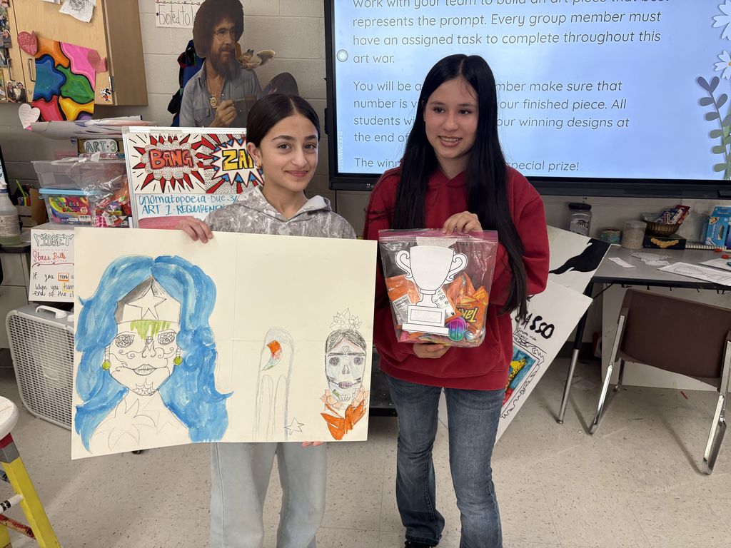 Art Wars- What's an art teacher to do right before and after a break? Maybe wage war!?! Art students in Ms. Park's class worked in small groups competing to create art within a theme, and the class voted for Best Use of Elements, Best Use of Materials, Most Creative, and the People's Choice. Students really put their creativity and community to use as they made art to win trophy bags! 