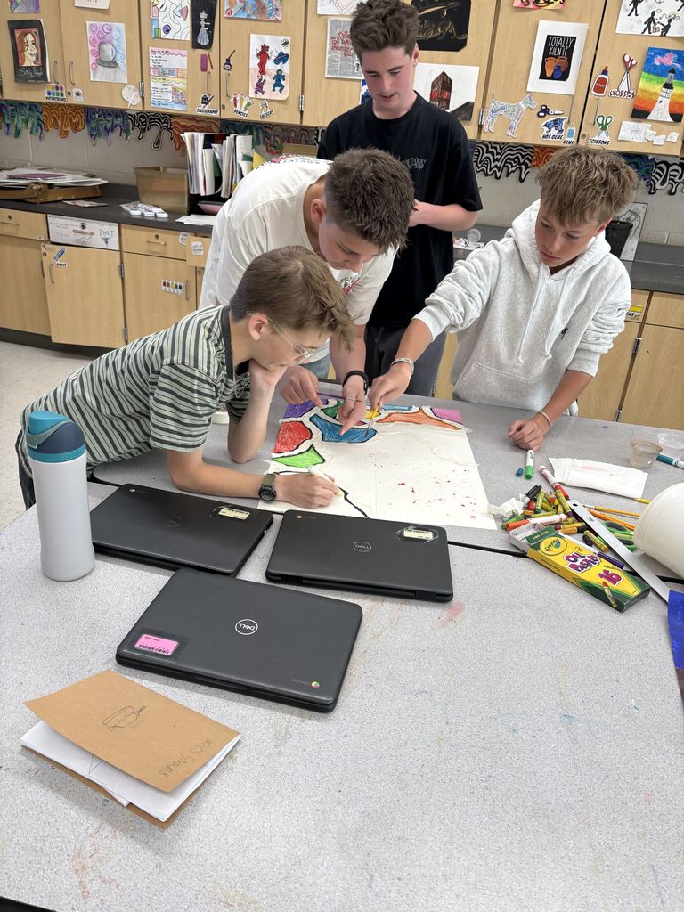 Art Wars- What's an art teacher to do right before and after a break? Maybe wage war!?! Art students in Ms. Park's class worked in small groups competing to create art within a theme, and the class voted for Best Use of Elements, Best Use of Materials, Most Creative, and the People's Choice. Students really put their creativity and community to use as they made art to win trophy bags! 