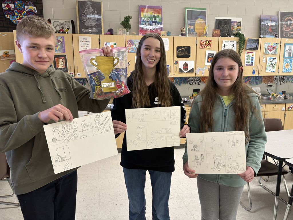 Art Wars- What's an art teacher to do right before and after a break? Maybe wage war!?! Art students in Ms. Park's class worked in small groups competing to create art within a theme, and the class voted for Best Use of Elements, Best Use of Materials, Most Creative, and the People's Choice. Students really put their creativity and community to use as they made art to win trophy bags! 