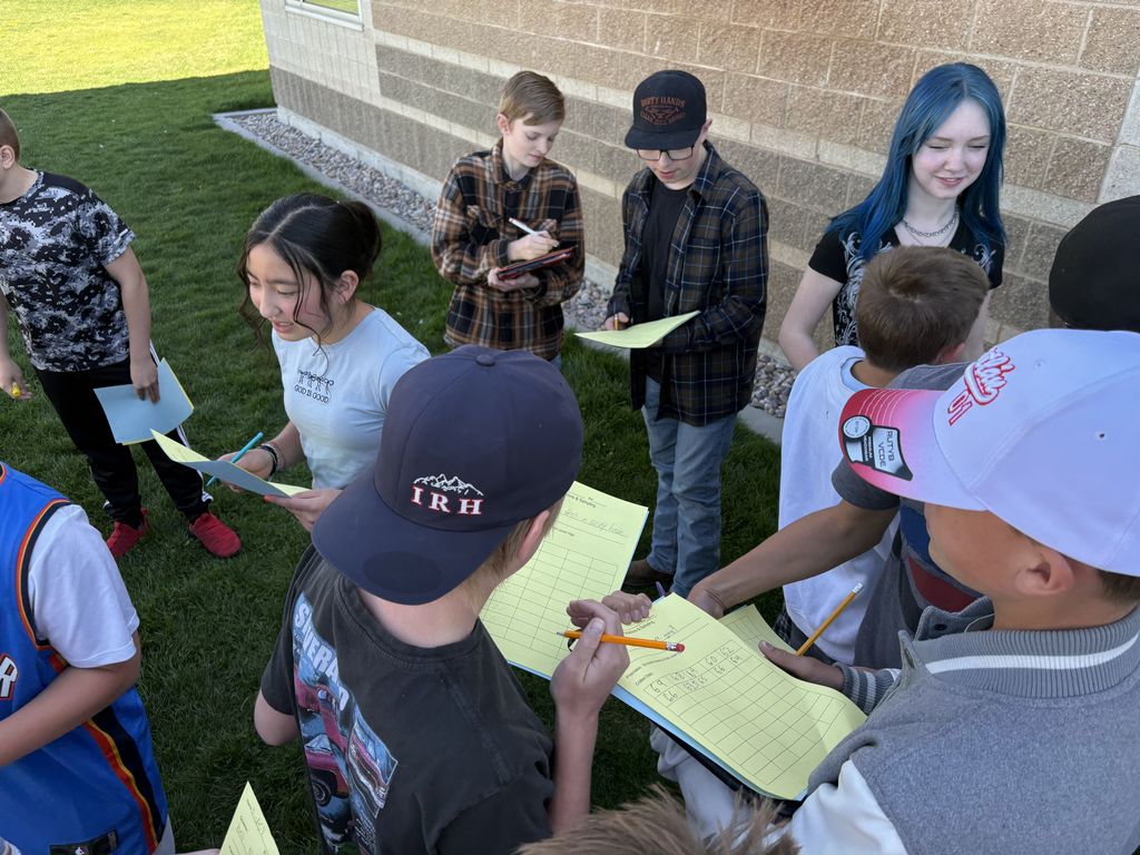 Statistics questions - all 7th grade students were able to survey 50 other 7th grade students to give them hands on learning about our unit of data and statistics through out the upcoming week.  We all enjoyed the sunshine and interactions with one another. It was fun to hear all of the different answers to the questions. 