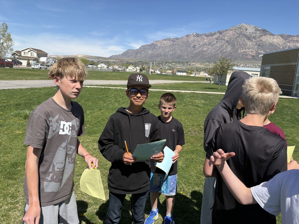 Statistics questions - all 7th grade students were able to survey 50 other 7th grade students to give them hands on learning about our unit of data and statistics through out the upcoming week.  We all enjoyed the sunshine and interactions with one another. It was fun to hear all of the different answers to the questions. 