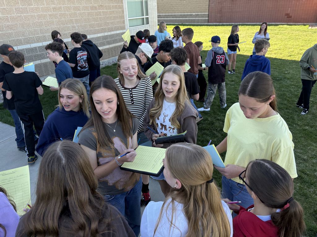 Statistics questions - all 7th grade students were able to survey 50 other 7th grade students to give them hands on learning about our unit of data and statistics through out the upcoming week.  We all enjoyed the sunshine and interactions with one another. It was fun to hear all of the different answers to the questions. 