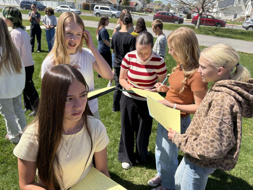 Statistics questions - all 7th grade students were able to survey 50 other 7th grade students to give them hands on learning about our unit of data and statistics through out the upcoming week.  We all enjoyed the sunshine and interactions with one another. It was fun to hear all of the different answers to the questions. 