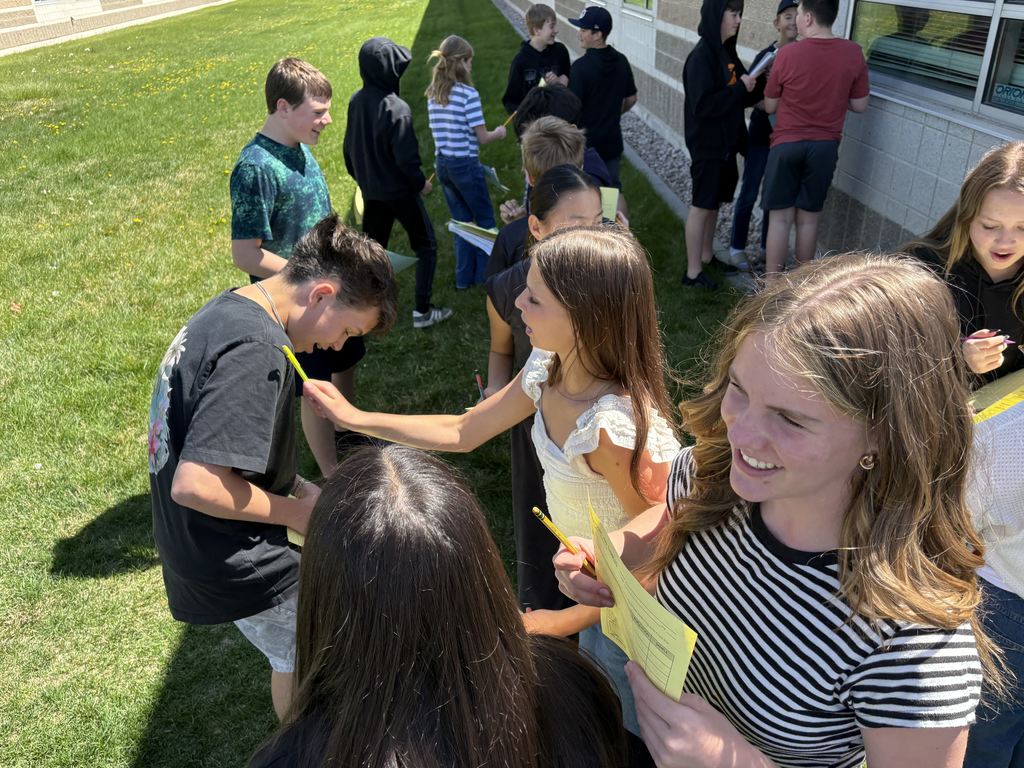 Statistics questions - all 7th grade students were able to survey 50 other 7th grade students to give them hands on learning about our unit of data and statistics through out the upcoming week.  We all enjoyed the sunshine and interactions with one another. It was fun to hear all of the different answers to the questions. 