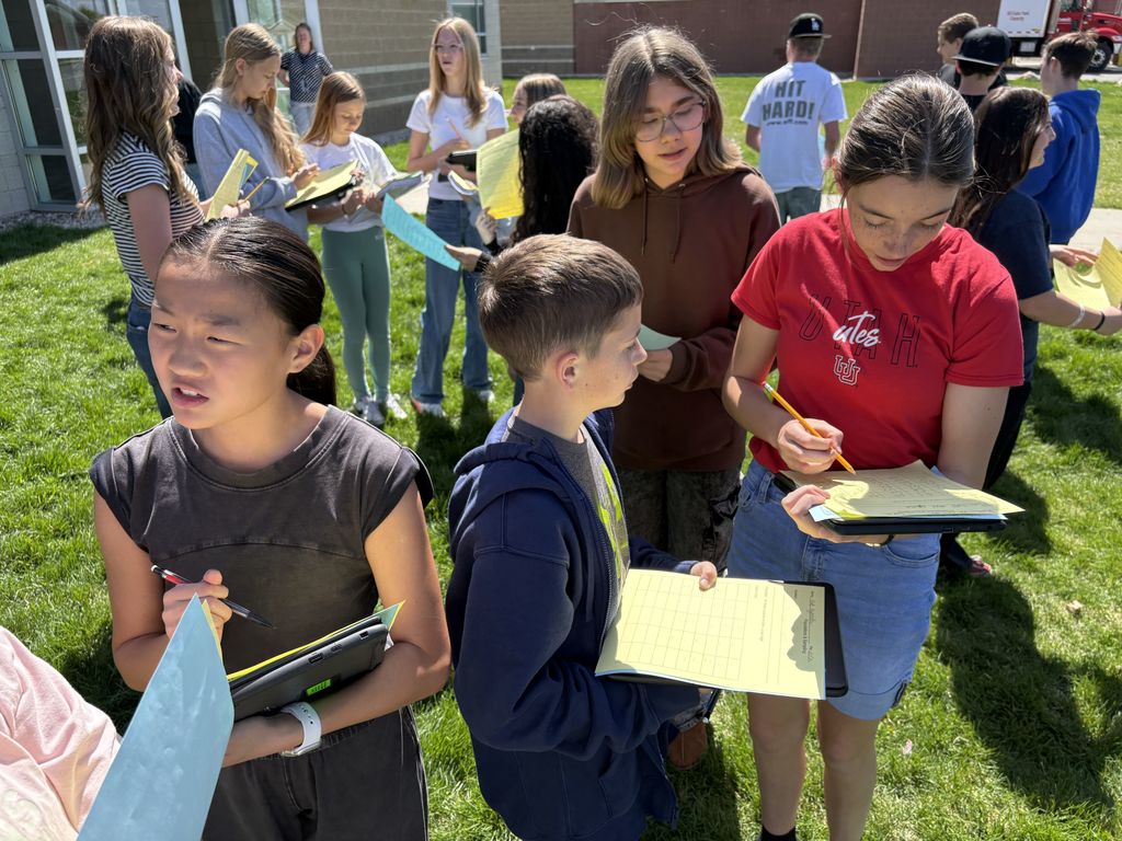 Statistics questions - all 7th grade students were able to survey 50 other 7th grade students to give them hands on learning about our unit of data and statistics through out the upcoming week.  We all enjoyed the sunshine and interactions with one another. It was fun to hear all of the different answers to the questions. 