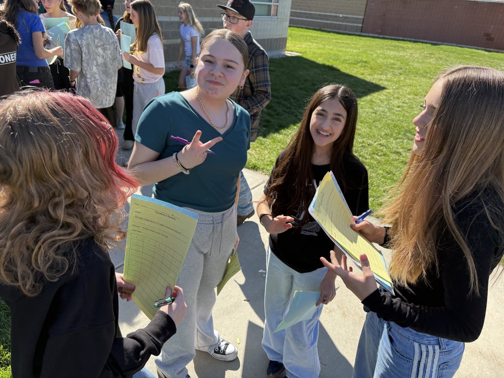 Statistics questions - all 7th grade students were able to survey 50 other 7th grade students to give them hands on learning about our unit of data and statistics through out the upcoming week.  We all enjoyed the sunshine and interactions with one another. It was fun to hear all of the different answers to the questions. 