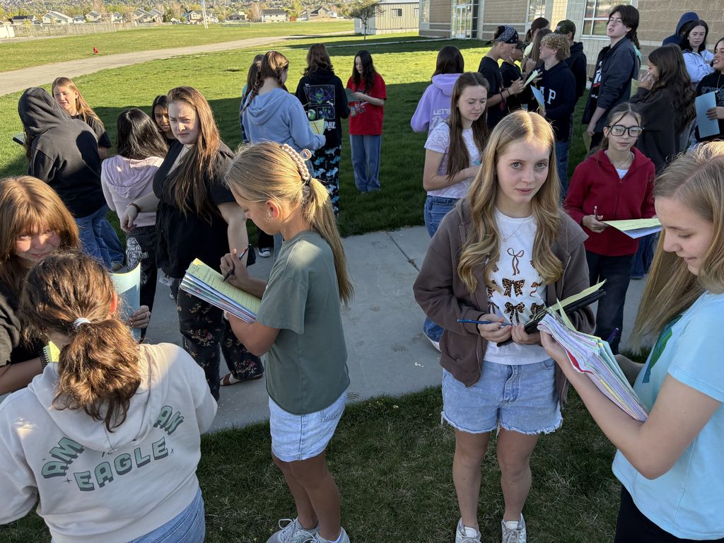 Statistics questions - all 7th grade students were able to survey 50 other 7th grade students to give them hands on learning about our unit of data and statistics through out the upcoming week.  We all enjoyed the sunshine and interactions with one another. It was fun to hear all of the different answers to the questions. 