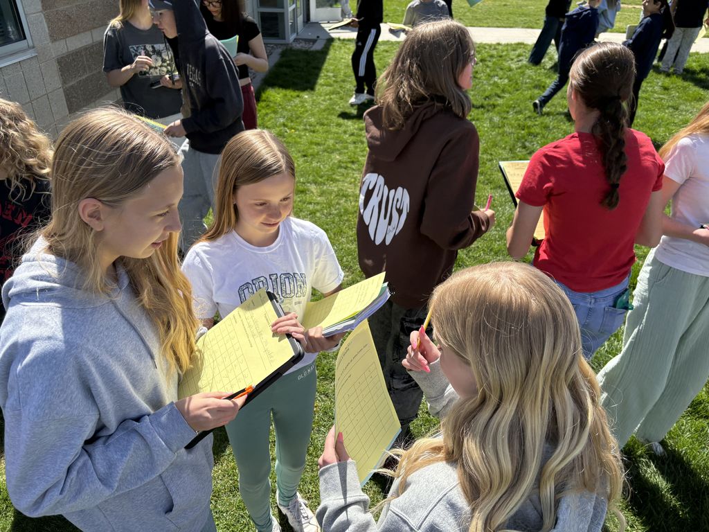 Statistics questions - all 7th grade students were able to survey 50 other 7th grade students to give them hands on learning about our unit of data and statistics through out the upcoming week.  We all enjoyed the sunshine and interactions with one another. It was fun to hear all of the different answers to the questions. 