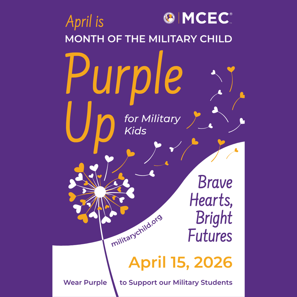 Inforgraphic April is the month of the military child. Purple up for Militarykids. Brave hearts, bright futures. April 15th 2026. Wear purple to support military students. 