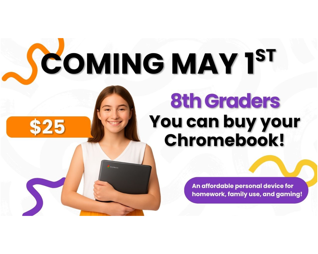 picture of a student with a chromebook and text