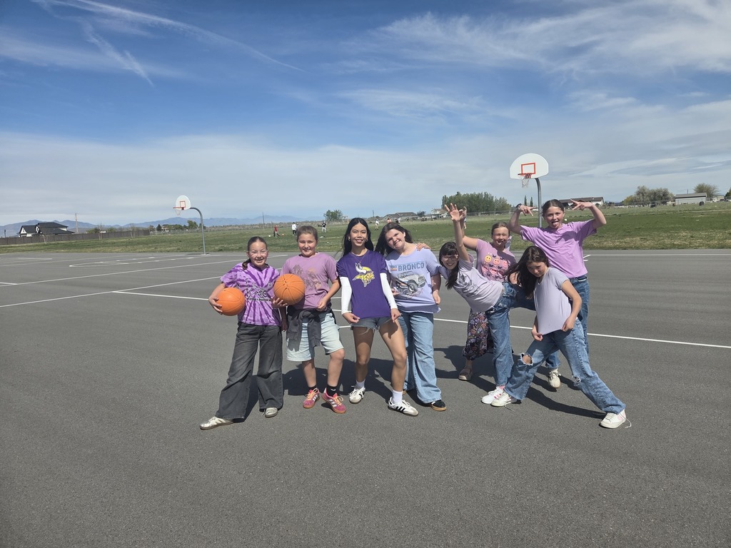 Eight girls pose playfully on an outdoor asphalt basketball court. Two girls on the left hold orange basketballs.