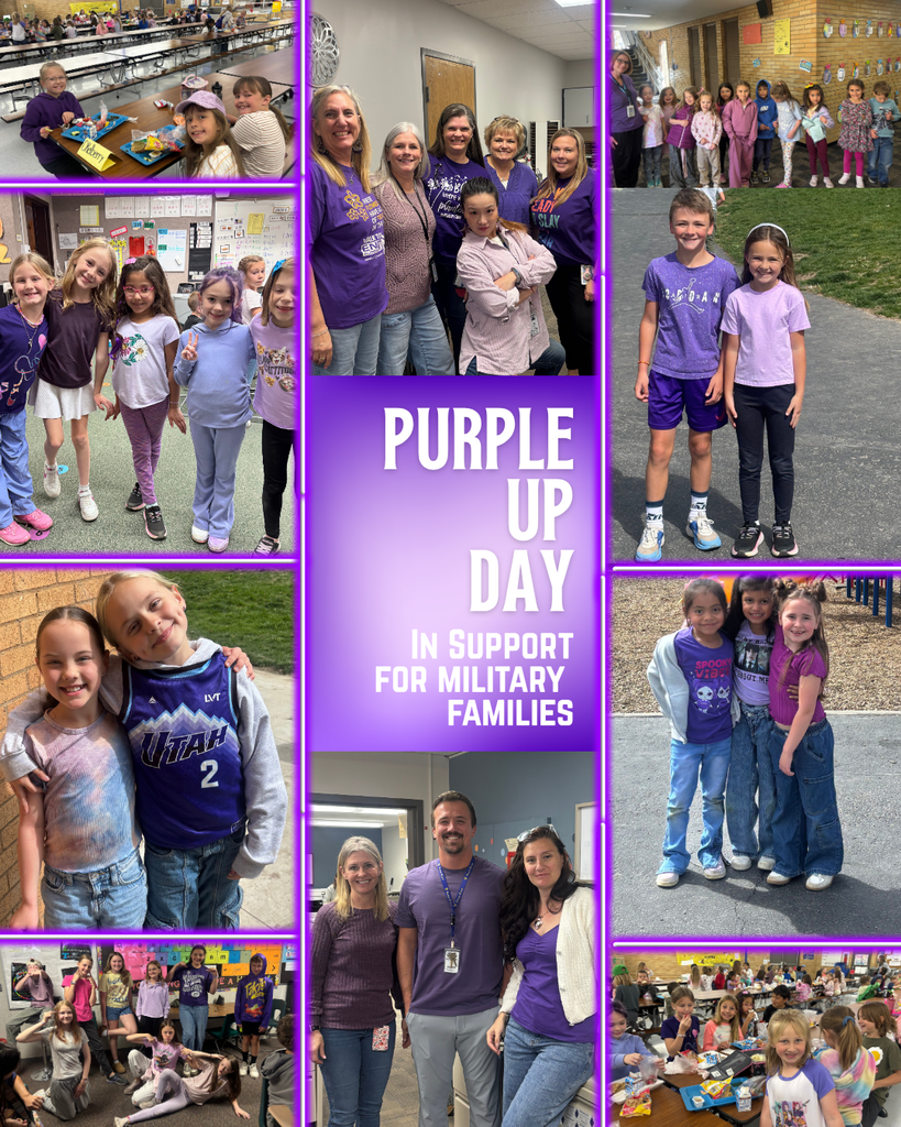A photo collage celebrating 'Purple Up Day' in support of military families is composed of several smaller images. The central panel is purple with the text 'PURPLE UP DAY' in large, white, sans-serif letters, and smaller white text below that says 'IN SUPPORT FOR MILITARY FAMILIES'. Surrounding this panel are images of groups of smiling children and adults, mostly wearing purple shirts. There are photos of kids in a classroom and in a cafeteria; children posed outside at recess, and on a playground. Adults are also pictured in groups, with one photo showing three adults posed indoors. 
