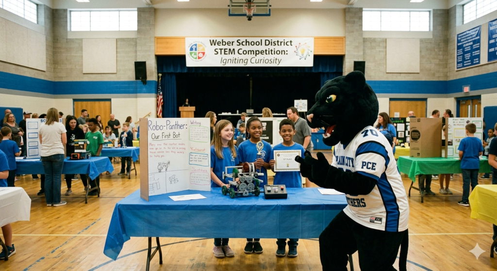 picture of plain city panther with children at the STEM competition