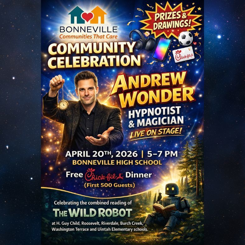 Community celebration, Andrew Wonder hypnotist & magician live on stage. April 20 5-7pm at Bonneville High
