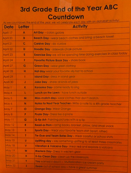 This is a document on orange paper it is of ABC countdown for the last days of school.  Each day has  an activity or something to wear.  This is for third grade.  