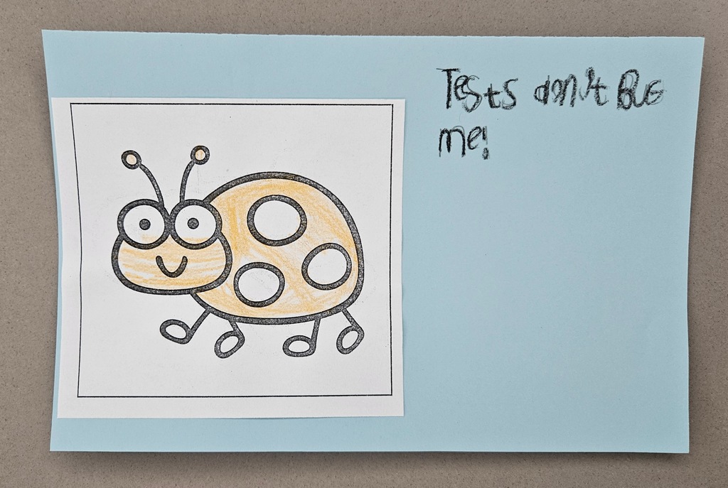 A hand-colored drawing of a smiling orange ladybug on a blue background. To the right, handwritten text in black marker reads: "Tests don't BUG me!"
