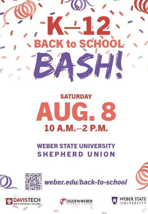 Attention families! 📢 Looking for back-to-school support? Join us at Weber State University’s Shepherd Union on August 8th (10am-2pm) for the K-12 Back to School Bash!  Last year they had free backpacks, haircuts, and school supplies. Don't miss this one-stop shop for local resources and family fun. Everything is FREE!  Learn more at weber.edu/back-to-school 🍎📚